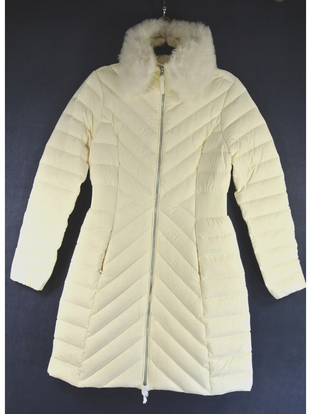 NEW, Women's Mackage Lyris Shearling-Trim Down Coat in Cream Sz S #DC623